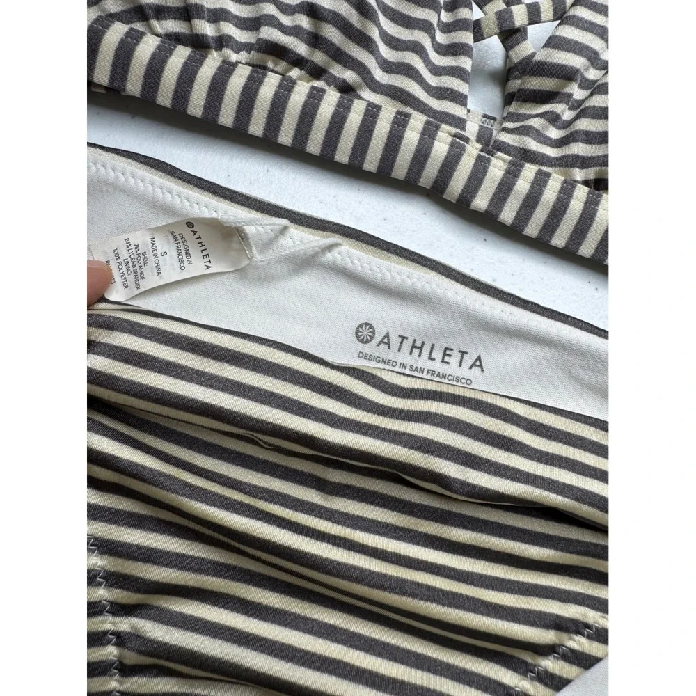 Athleta Striped Bikini Set XS Top S Bottom Strappy Back Brown Tan Swimsuit